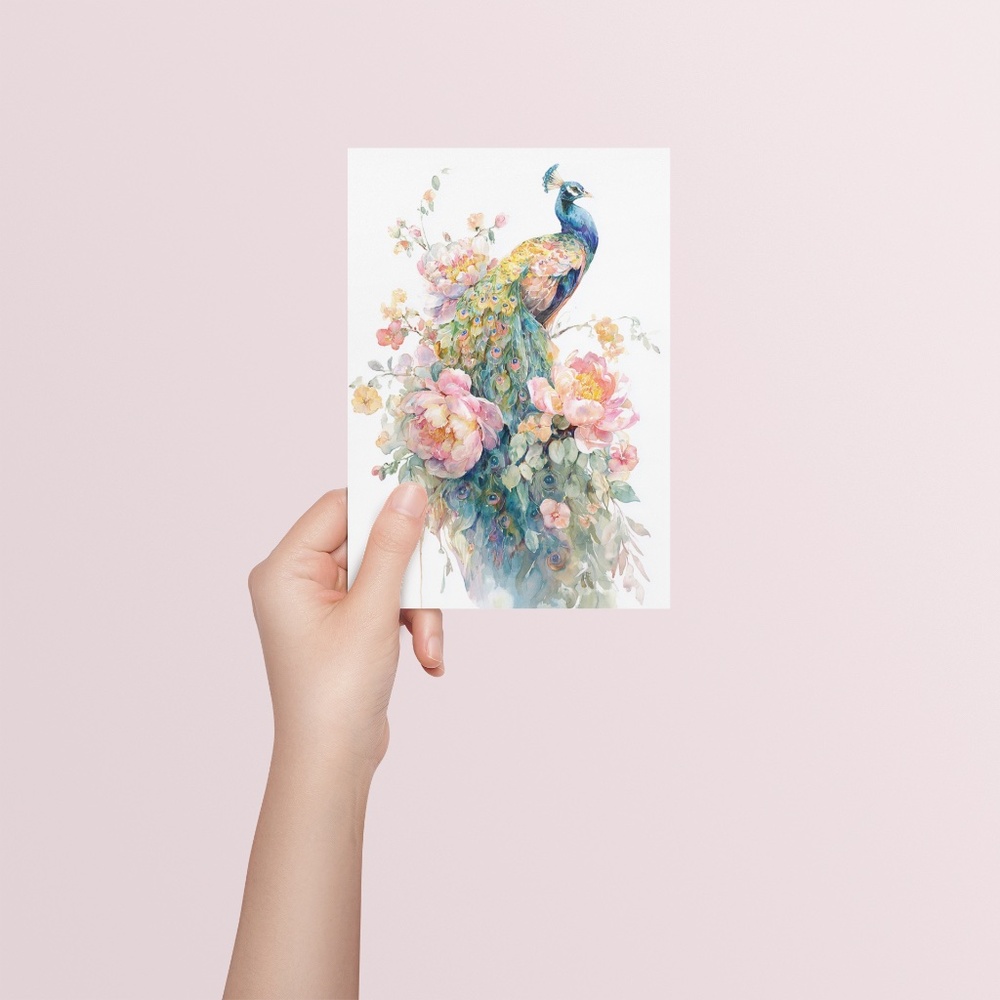 Watercolor Floral Peacock Wall Art Illustration Print Poster Card Unframed - Picture 4 of 9